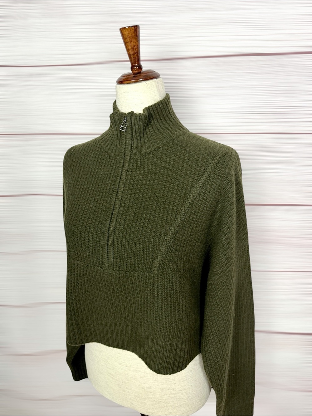 STAUD Cashmere Cropped Hampton Sweater Olive Chunky Knit Half Zip Oversized M - Picture 10 of 13